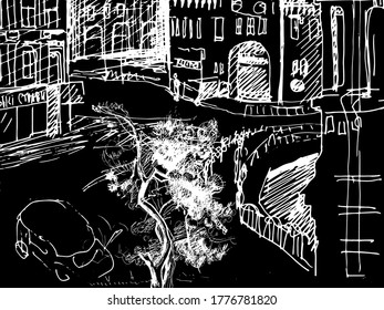 Urban sketch. Hand drawn vector architectural background with historic buildings.