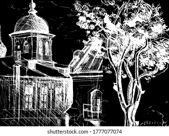 Urban sketch. Hand drawn vector architectural background with historic buildings.