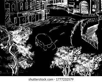 Urban sketch. Hand drawn vector architectural background with historic buildings.