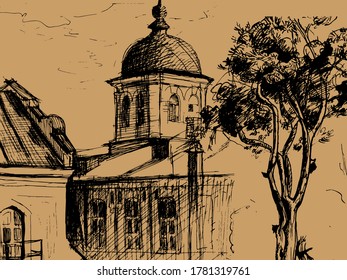 Urban sketch. Hand drawn vector architectural background with historic buildings.