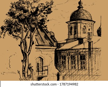 Esbozo urbano. Antecedentes arquitectónicos vectoriales dibujados a mano con edificios históricos.