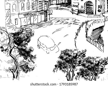 Urban sketch. Hand drawn vector architectural background with historic buildings.