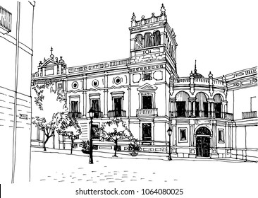 Urban sketch with landscape of the old European city. Valencia, Catalonia, Spain. Old street in hand drawn line art style. Vector illustration on white background.