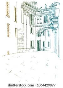Urban sketch with landscape of the old European city. Old street in colorful hand drawn line style on white background