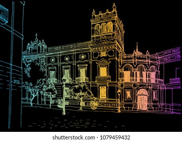Urban sketch with landscape of the old European city. Old street in hand drawn line style. Colorful vector illustration on black background