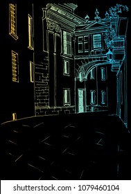 Urban sketch with landscape of the old European city. Old street in hand drawn line style. Colorful vector illustration on black background