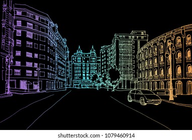 Urban sketch with landscape of the old European city. Valencia, Catalonia, Spain. Old street in hand drawn line style. Colorful vector illustration on black background