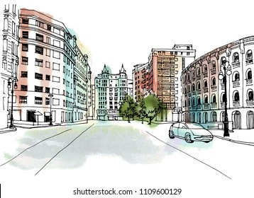 Urban sketch with landscape of the old European city. Old street in hand drawn line style on background watercolor.