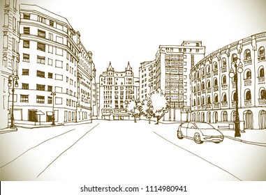 Urban sketch with landscape of the old European city. Old street in hand drawn line style. Sepia vector illustration on vintage background