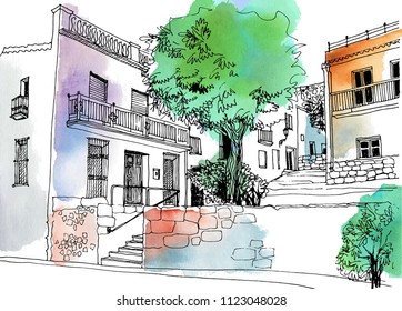 Urban sketch with landscape of the old European city. Old street and big tree in hand drawn style on colorful watercolor background