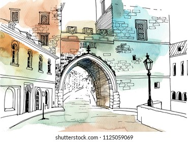 Urban sketch with landscape of the old European city. Old street and archway in hand drawn style on watercolor background.