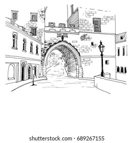 Urban sketch with landscape of the old European city. Prague, Old street and archway in hand drawn style on white background. Vector illustration