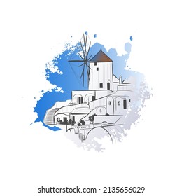 Urban sketch with landscape of the Santorini. Card template design. Greece landscape. Vector illustration. 