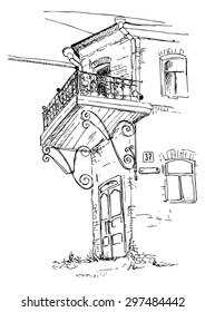 urban sketch, old house with an openwork balcony, hand drawn vector illustration