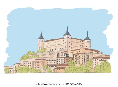 urban sketch of old town of Toledo, Spain 