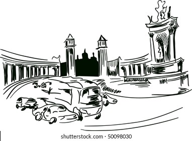 Urban sketch of plaza Espana Barcelona