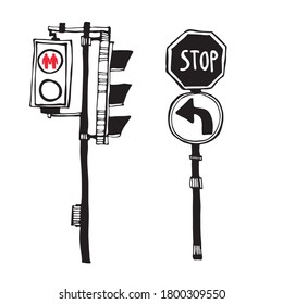 Urban sketch road signs and traffic light vector. Ink hand drawing of traffic light stop sign