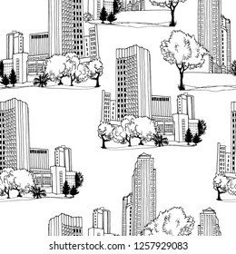 Urban sketch seamless pattern with modern city landscape in hand drawn line style. Vector illustration. Cityscape background for paper, textile, postcards and decoration.