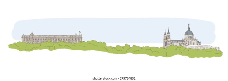 Urban sketch of Spanish Royal Palace and Cathedral of Madrid