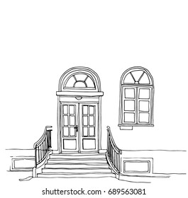 Urban sketch. Vector line art Illustration of house facade, vintage architecture. Door, window, staircase, old plaster. 