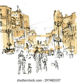 urban sketch, walking city street with buildings,  lamps and people, monochrome hand drawn vector illustration