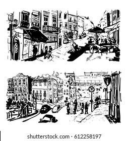 Urban sketches of the streets of Porto, Portugal. People walking, traffic with cars, cafe exterior. Portugal drawing. Portugal illustration