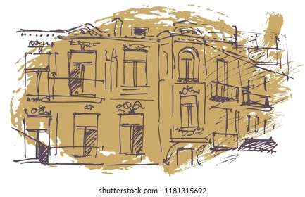 Urban sketching. Hand drawn illustration for your design. Old building. City landscape
