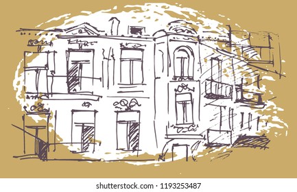 Urban sketching. Hand drawn illustration for your design. Old building. City landscape