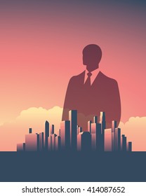 Urban skyline cityscape with businessman. Double exposure vector illustration landscape background. Vertical portrait orientation. Symbol of corporate world, banks and business tycoons. Eps10.