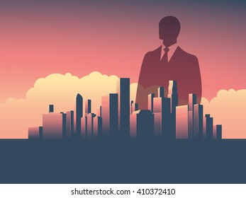 Urban skyline cityscape with businessman standing over. Double exposure vector illustration landscape background. Symbol of corporate world, banks and business tycoons. Eps10 vector illustration.