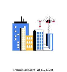 Urban Skyline With Construction Crane In Flat Vector Illustration Symbolizing Urban Development, Modern Architecture, And City Growth, Isolated On White Background