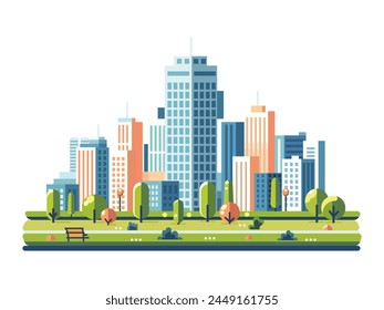 An urban skyline featuring towering skyscrapers with a park in the foreground and lush green trees in the background. Vector illustration