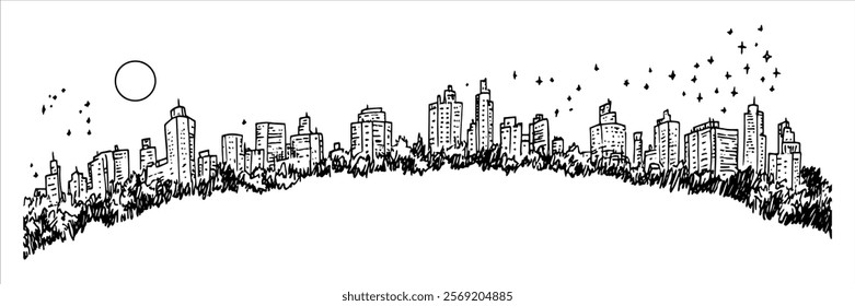 urban skyline with modern buildings and trees, hand drawn sketch