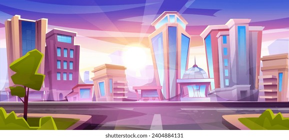 Urban skyline in morning. Landscape with city architecture, buildings and skyscrapers at sunrise or sunset. Metropolis with houses and real estate. Background design. Cartoon flat vector illustration