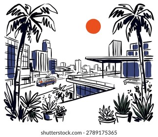 Urban skyline, palm trees, red sun, bus on street, rooftop terrace, minimalist sketch, vintage travel art, tropical city view