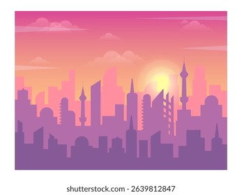 Urban skyline silhouette featuring modern buildings rising against a stunning sunset backdrop, with vibrant pink and orange hues painting the sky, creating a captivating cityscape