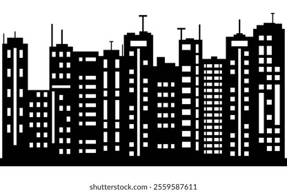 Urban Skyline Silhouette with Modern Skyscrapers and High-Rise Buildings on White Background
