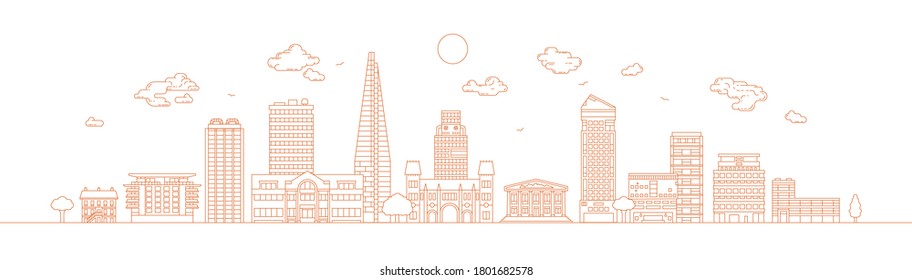 Urban skyline in vector line art. Panorama illustration of modern downtown city.