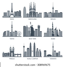 Urban skylines black white icons set with Paris Berlin and New York flat isolated vector illustration 