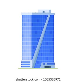 Urban skyscraper office building, modern high-rise architectural structure. Retail business urban mansion. Town exterior architecture, facade of house building, working place. Vector illustration.