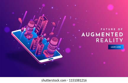 Urban skyscrapers illustration on smartphone screen with abstract elements on shiny purple background for Augmented Reality (AR) concept based responsive web template.