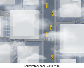 Urban skyscrapers through the smog, top view  - abstract vector illustration.