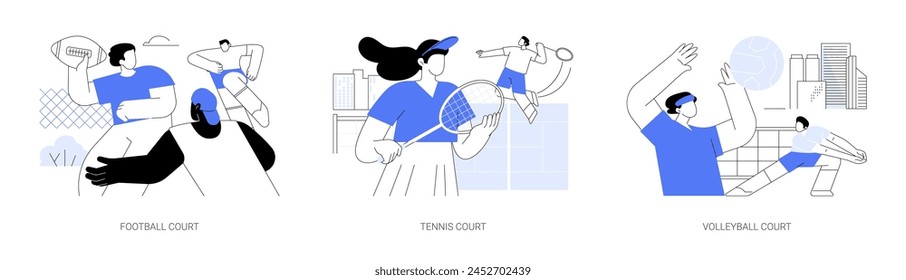 Urban sport facilities isolated cartoon vector illustrations set. Diverse people play football on the stadium together, outdoor tennis court, happy friends having volleyball match vector cartoon.