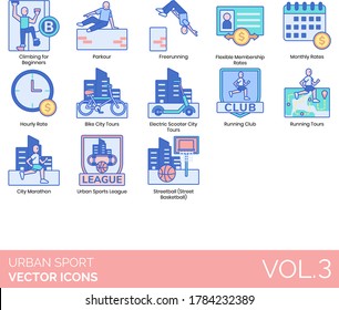 Städtische Sportsymbole wie Klettern für Anfänger, Parken, Freerunning, flexible Mitgliedschaft, monatlich, stündlich, Fahrradtour, Elektro-Roller, Laufclub, Marathon, Liga, Streetball.