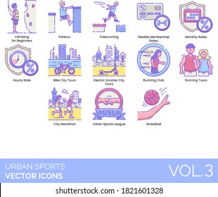 Städtische Sportsymbole wie Klettern für Anfänger, Parken, Freerunning, flexible Mitgliedschaft, monatlich, stündlich, Fahrradtour, Elektro-Roller, Laufclub, Marathon, Liga, Streetball.