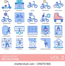 Urban sport icons including electric scooter rental, bicycle shop, foldable, bike lane, cycling laws, safety, roller skate rink, street hockey court, club membership, bouldering, wall, rock climbing.