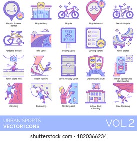 Urban sport icons including electric scooter rental, bicycle shop, foldable, bike lane, cycling laws, safety, roller skate rink, street hockey court, club membership, bouldering, wall, rock climbing.