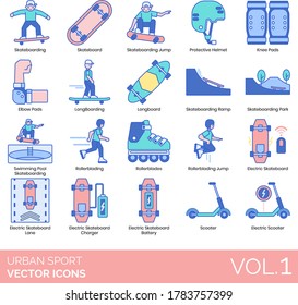 Urban sport icons including skateboard, protective helmet, knee, elbow pads, longboarding, ramp, park, swimming pool, rollerblading jump, electric lane, charger, battery, scooter.