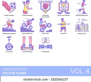 Urban sport icons including street football, handball, streetball, open tournament, rollerblading race, skateboarding, bike tricks, stickball, outdoor gym, unicycling, hoverboarding.
