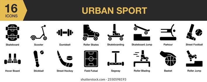 Urban Sport solid icon set. Includes skateboard, scooter, dumbbell, segway, hoverboard, stickball, and More. Solid icons vector collection.